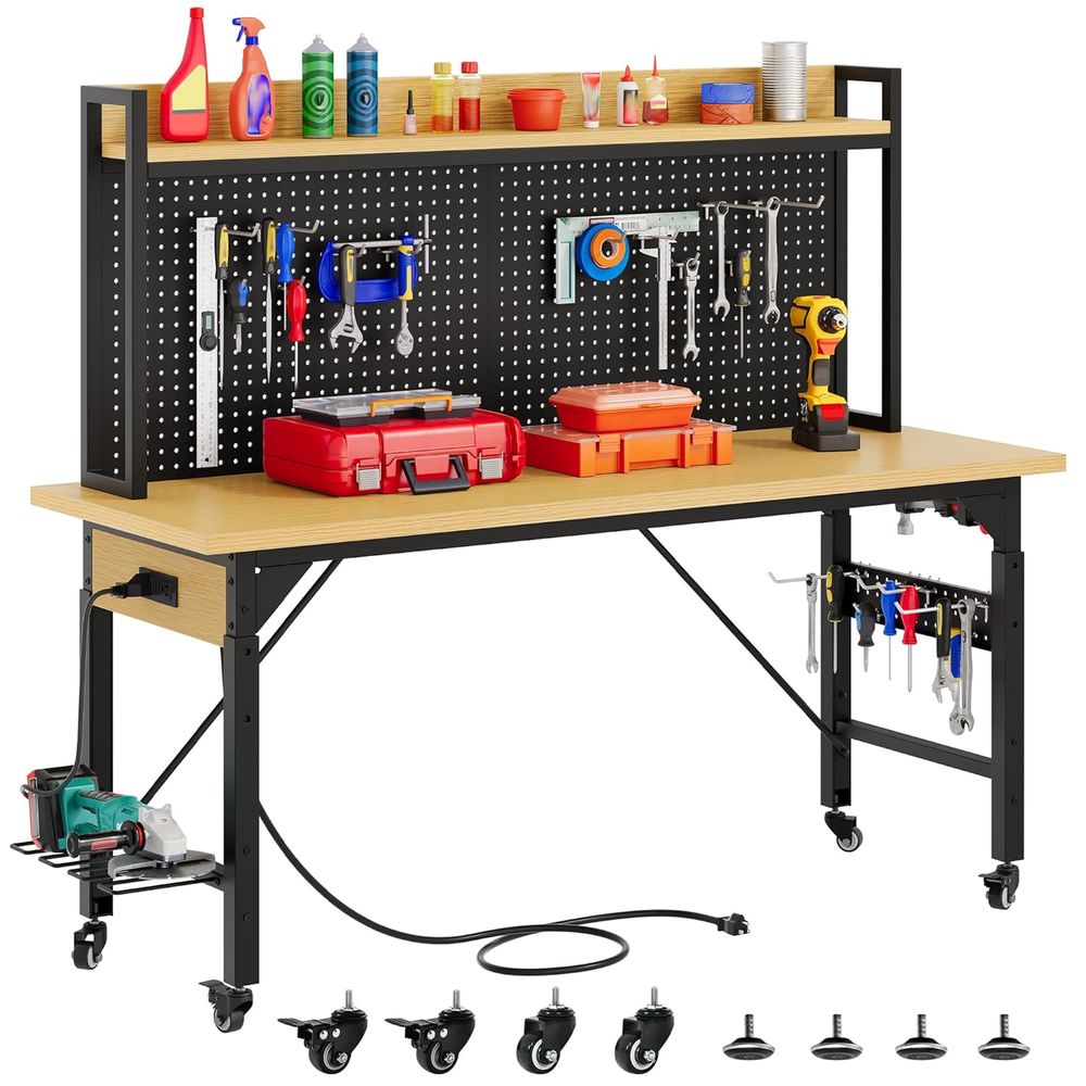 Workbench Woodworking - 60in Heavy Duty Workbench with Pegboard